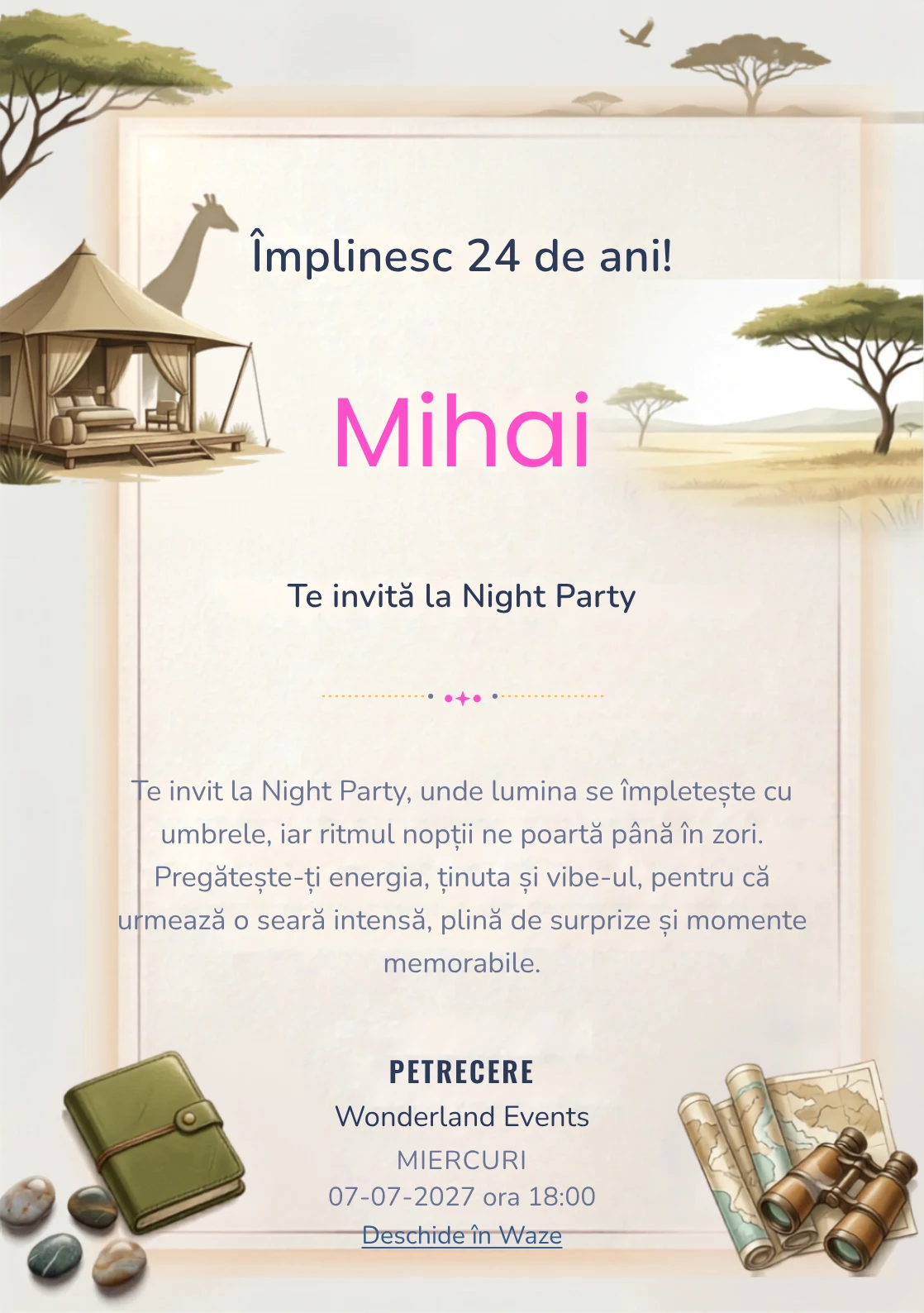 Safari Contemporan este un model de invitații online pentru o aniversare adultă, definit vizual de o girafă discretă și un pavilion.