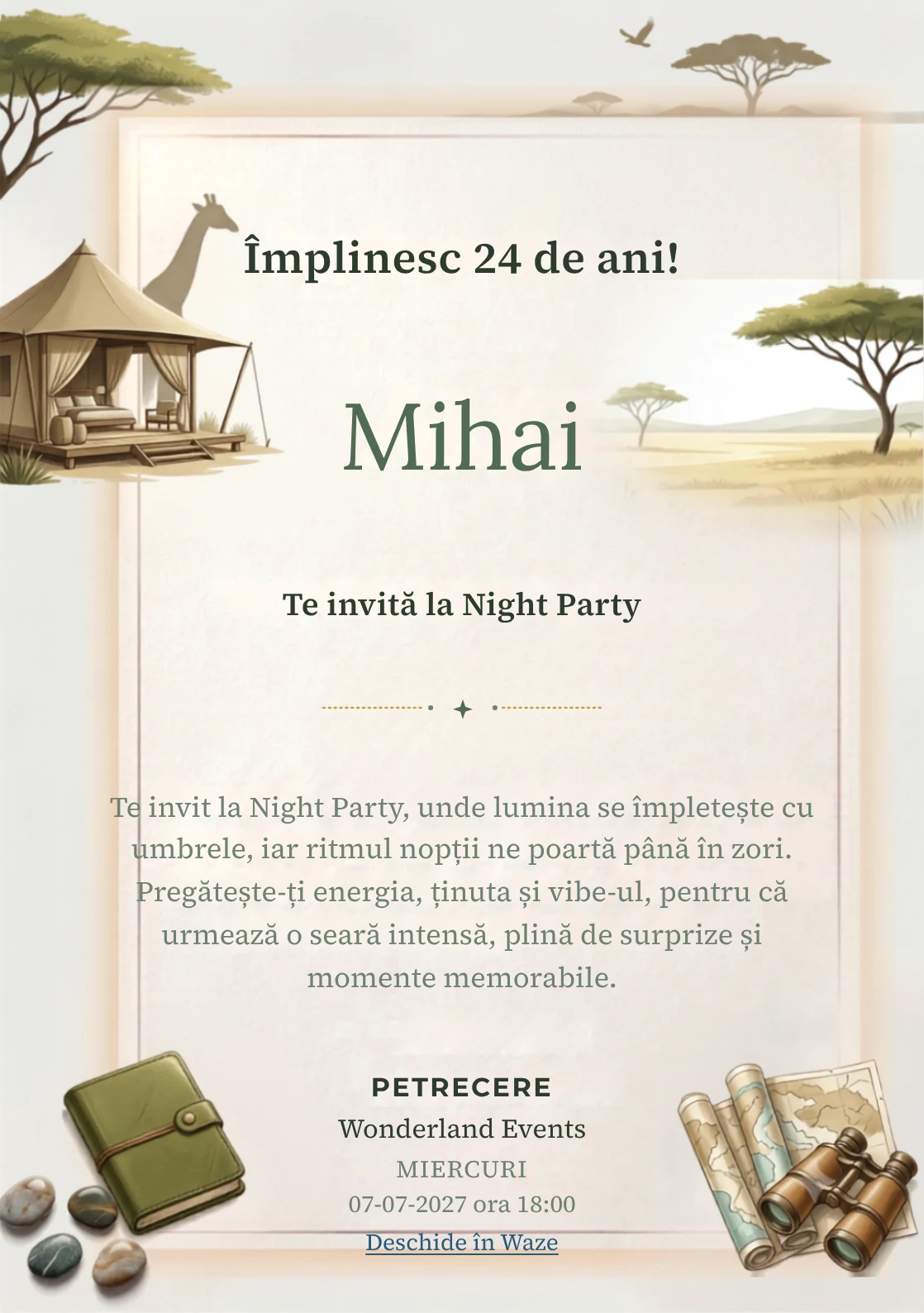 Safari Contemporan este un model de invitații online pentru o aniversare adultă, definit vizual de o girafă discretă și un pavilion.