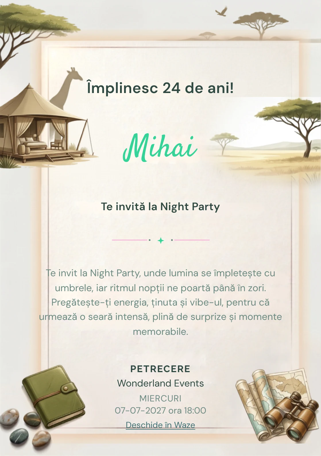 Safari Contemporan este un model de invitații online pentru o aniversare adultă, definit vizual de o girafă discretă și un pavilion.