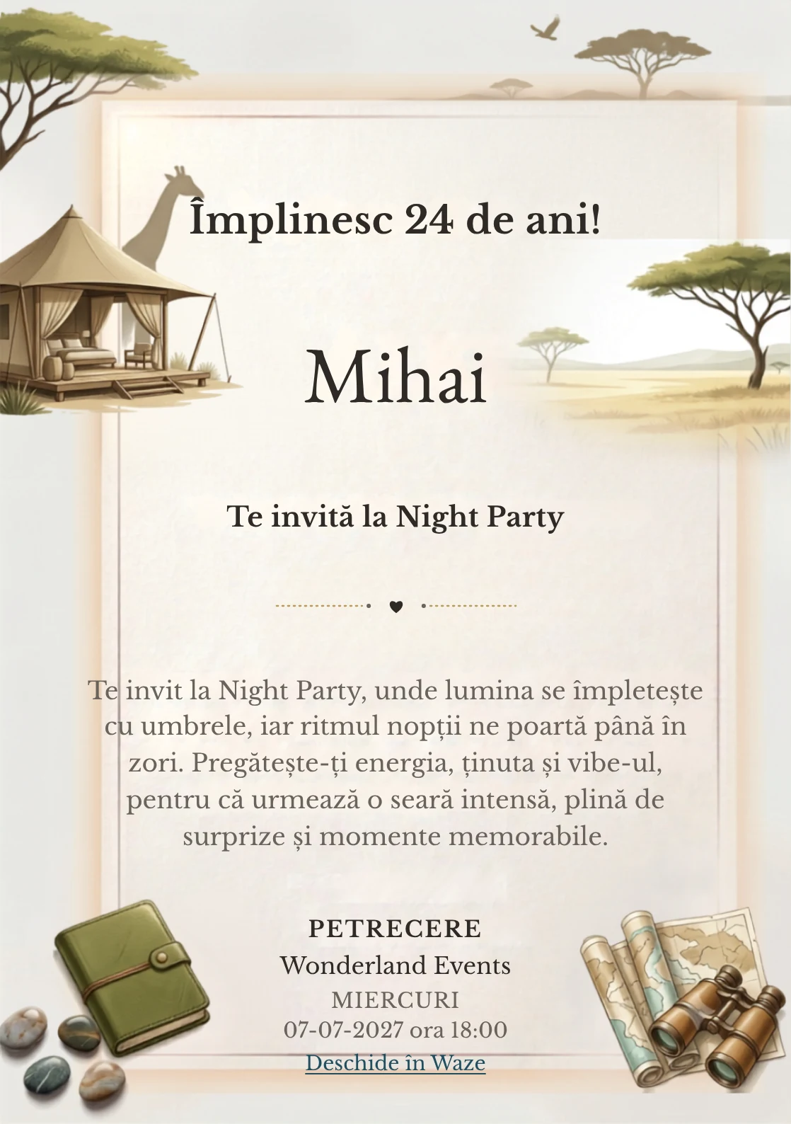 Safari Contemporan este un model de invitații online pentru o aniversare adultă, definit vizual de o girafă discretă și un pavilion.