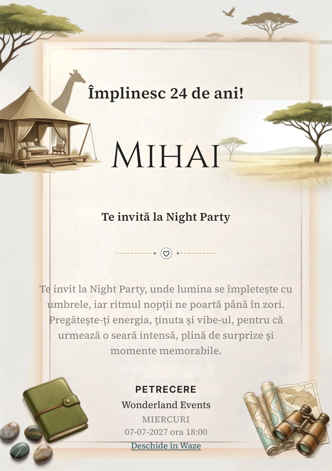 Safari Contemporan este un model de invitații online pentru o aniversare adultă, definit vizual de o girafă discretă și un pavilion.
