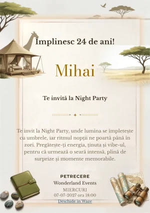 Safari Contemporan este un model de invitații online pentru o aniversare adultă, definit vizual de o girafă discretă și un pavilion.