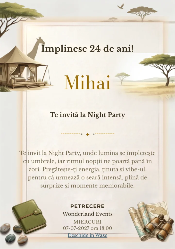 Safari Contemporan este un model de invitații online pentru o aniversare adultă, definit vizual de o girafă discretă și un pavilion.