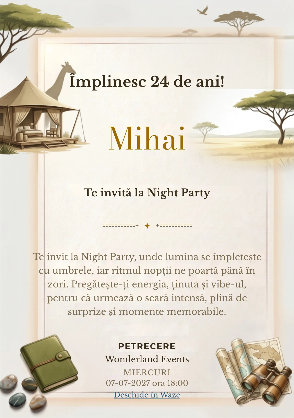 Safari Contemporan este un model de invitații online pentru o aniversare adultă, definit vizual de o girafă discretă și un pavilion.