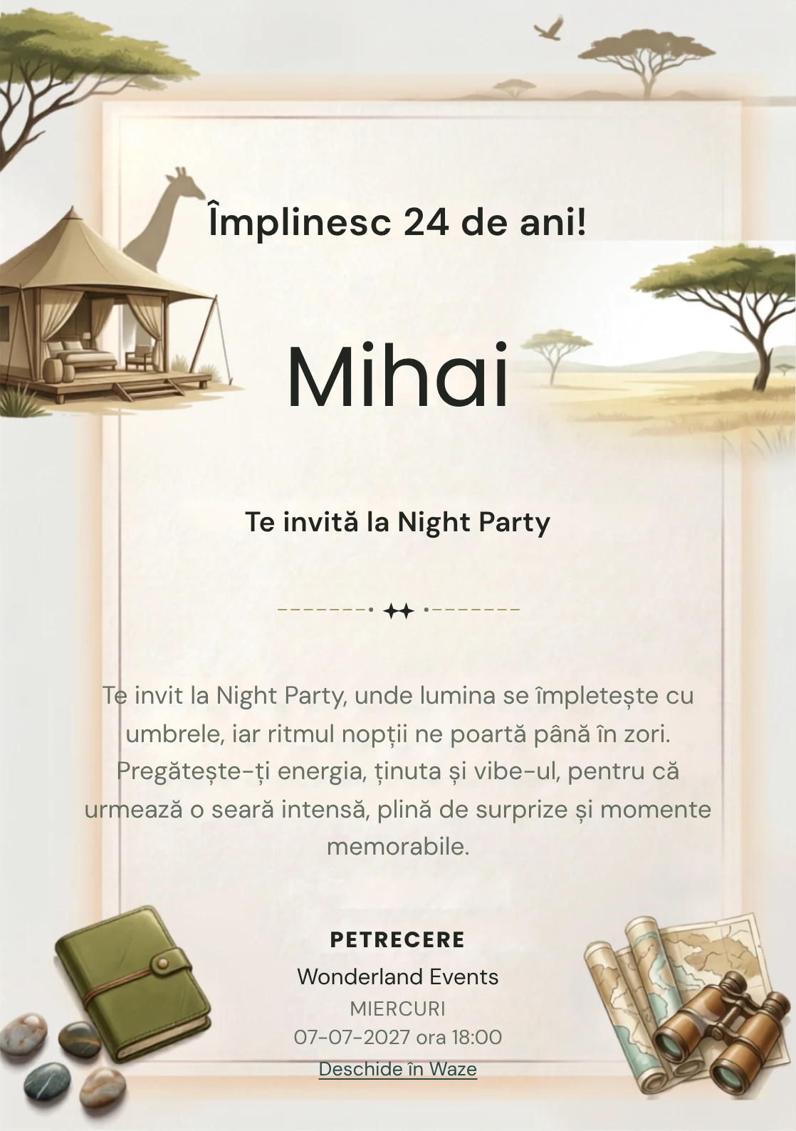 Safari Contemporan este un model de invitații online pentru o aniversare adultă, definit vizual de o girafă discretă și un pavilion.