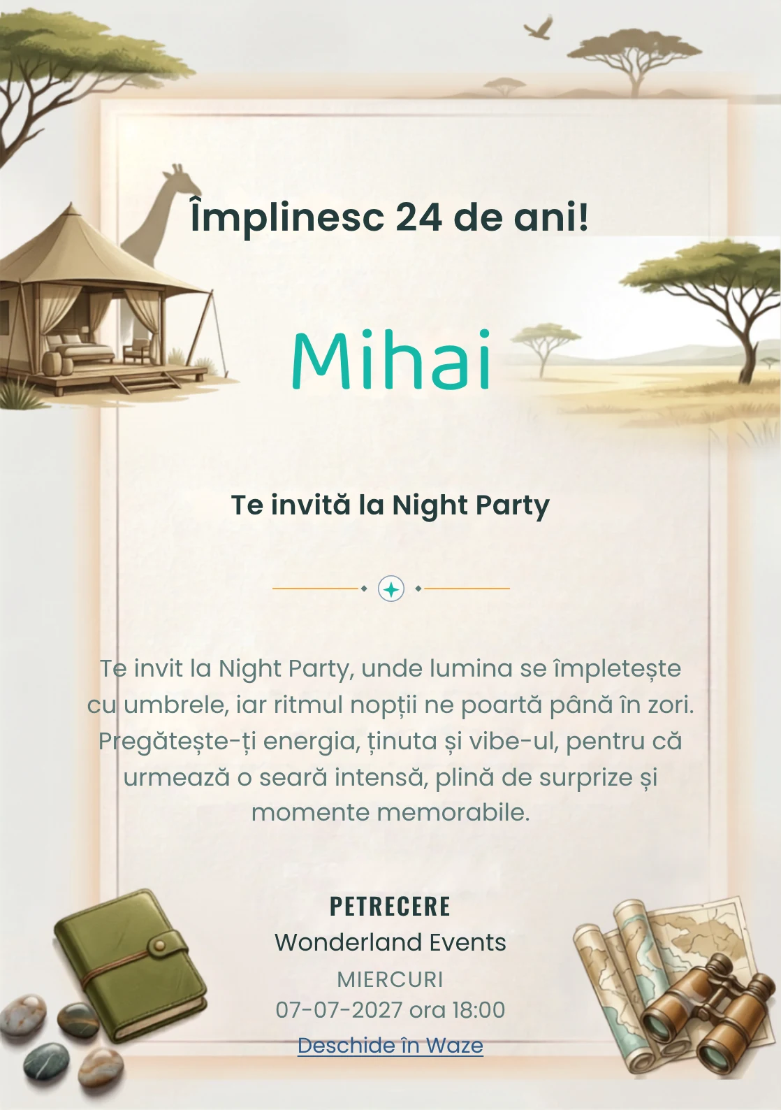 Safari Contemporan este un model de invitații online pentru o aniversare adultă, definit vizual de o girafă discretă și un pavilion.