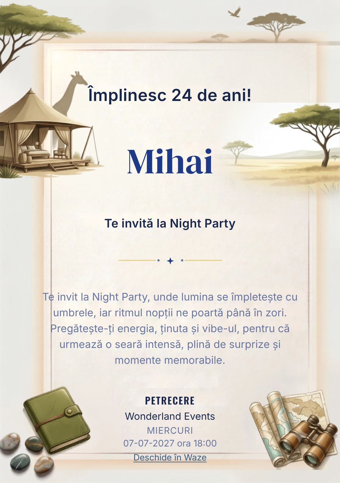 Safari Contemporan este un model de invitații online pentru o aniversare adultă, definit vizual de o girafă discretă și un pavilion.