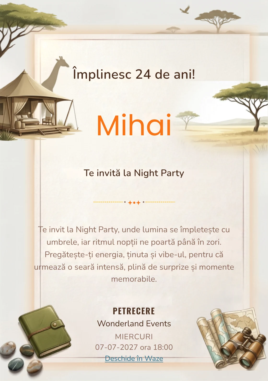 Safari Contemporan este un model de invitații online pentru o aniversare adultă, definit vizual de o girafă discretă și un pavilion.