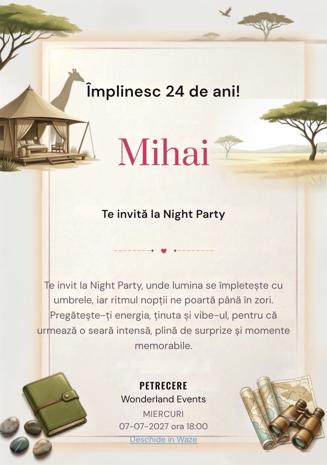 Safari Contemporan este un model de invitații online pentru o aniversare adultă, definit vizual de o girafă discretă și un pavilion.