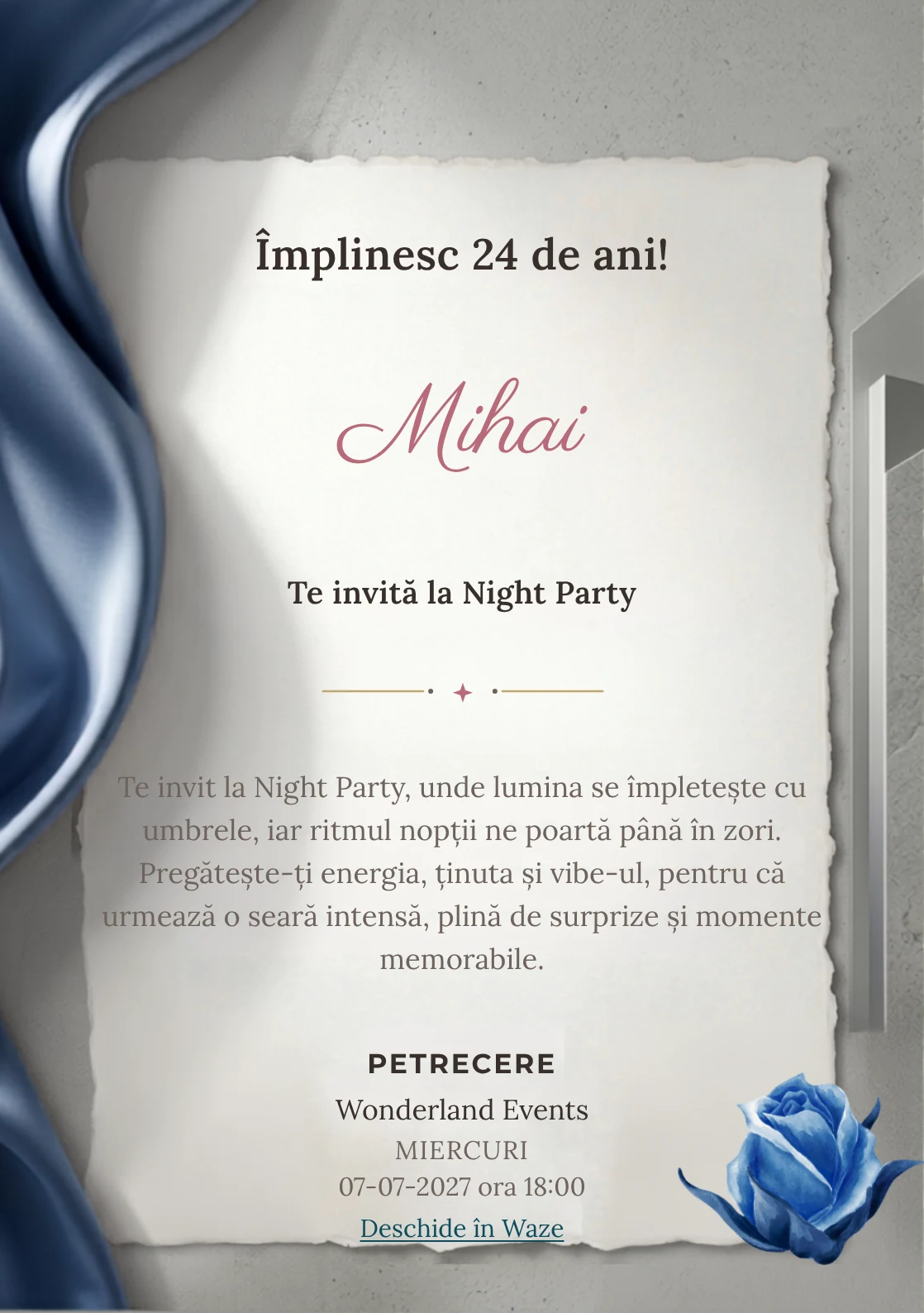Modelul Satin de Safir, invitație digitală pentru ziua de naștere a adulților, pune în valoare o undă satinată albastră.