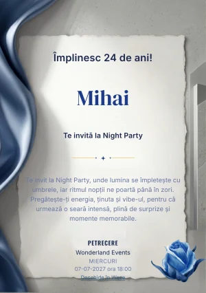 Modelul Satin de Safir, invitație digitală pentru ziua de naștere a adulților, pune în valoare o undă satinată albastră.