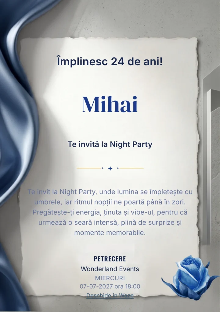 Modelul Satin de Safir, invitație digitală pentru ziua de naștere a adulților, pune în valoare o undă satinată albastră.