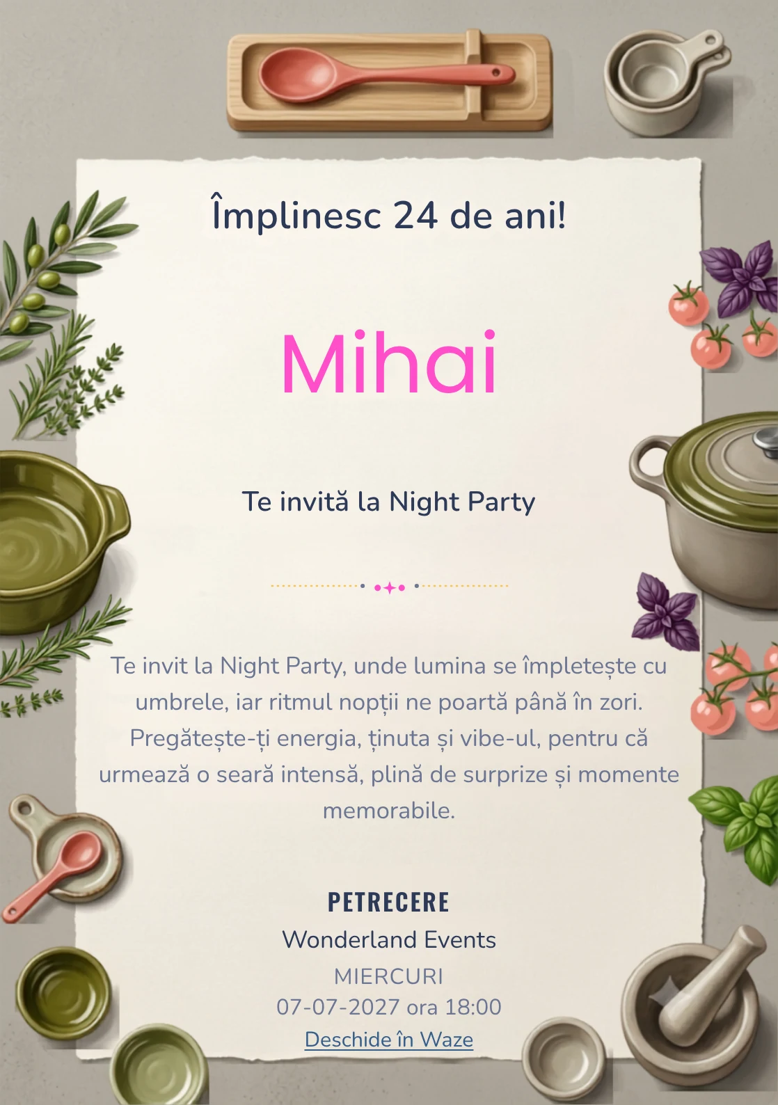 Seara de Gătit este un model de invitații online pentru o aniversare adultă, definit vizual de un vas ceramic și ierburi aromatice.