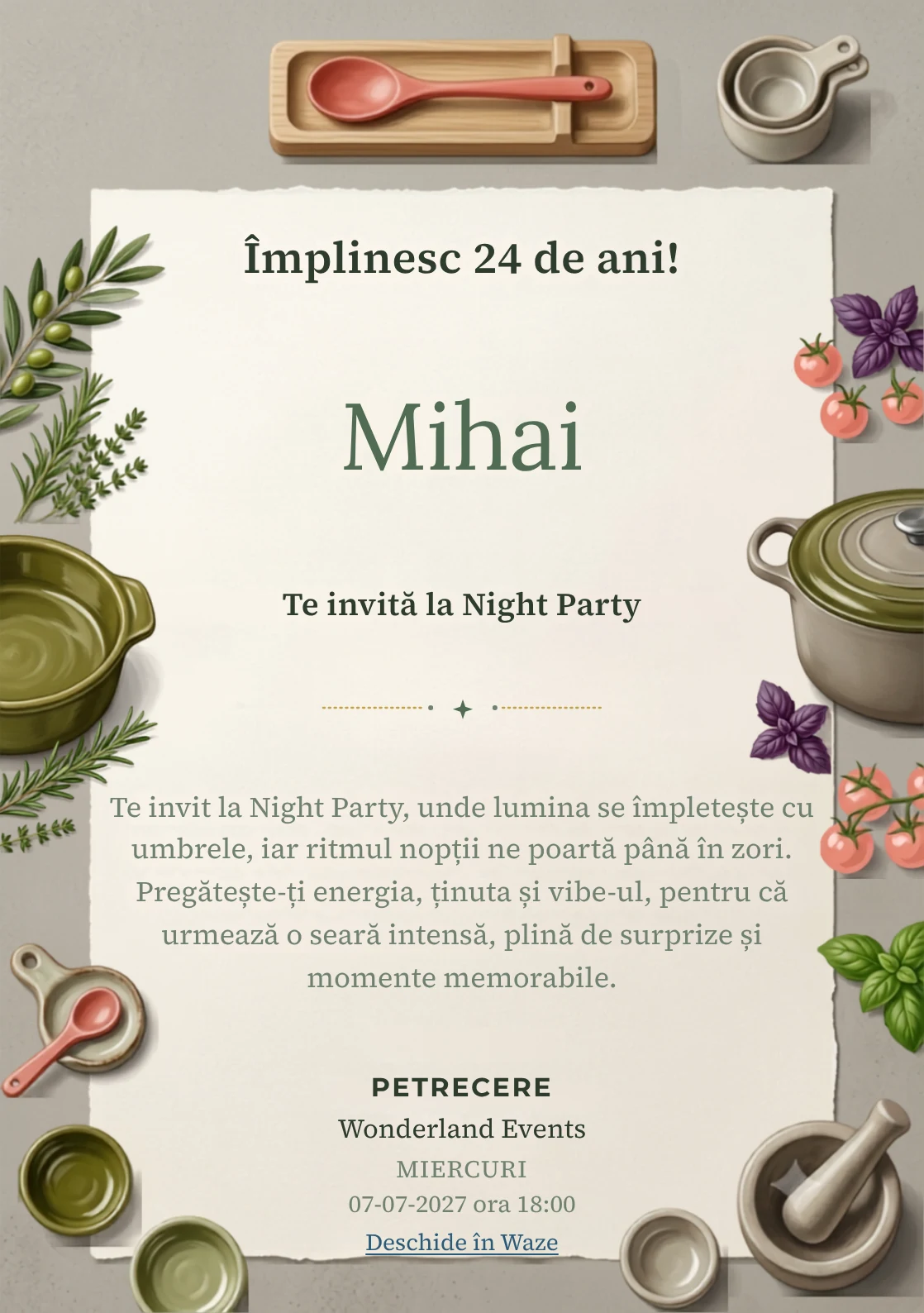 Seara de Gătit este un model de invitații online pentru o aniversare adultă, definit vizual de un vas ceramic și ierburi aromatice.