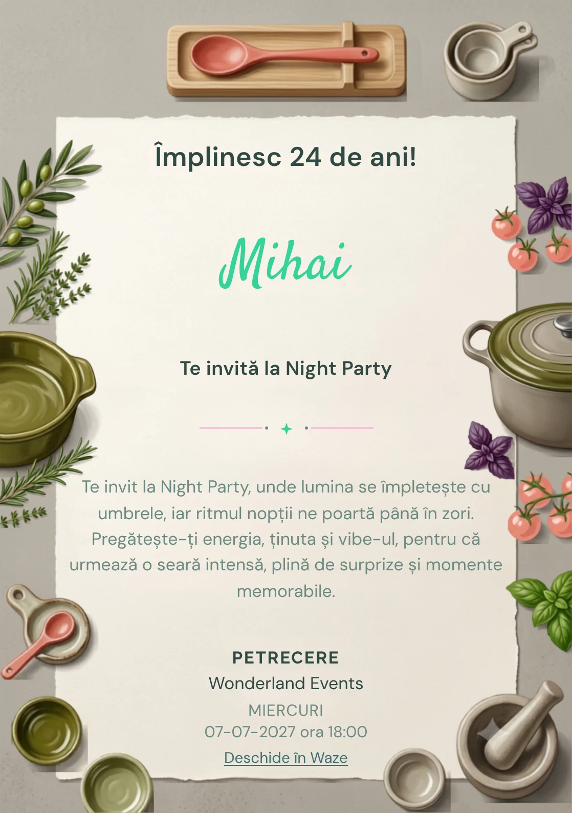 Seara de Gătit este un model de invitații online pentru o aniversare adultă, definit vizual de un vas ceramic și ierburi aromatice.
