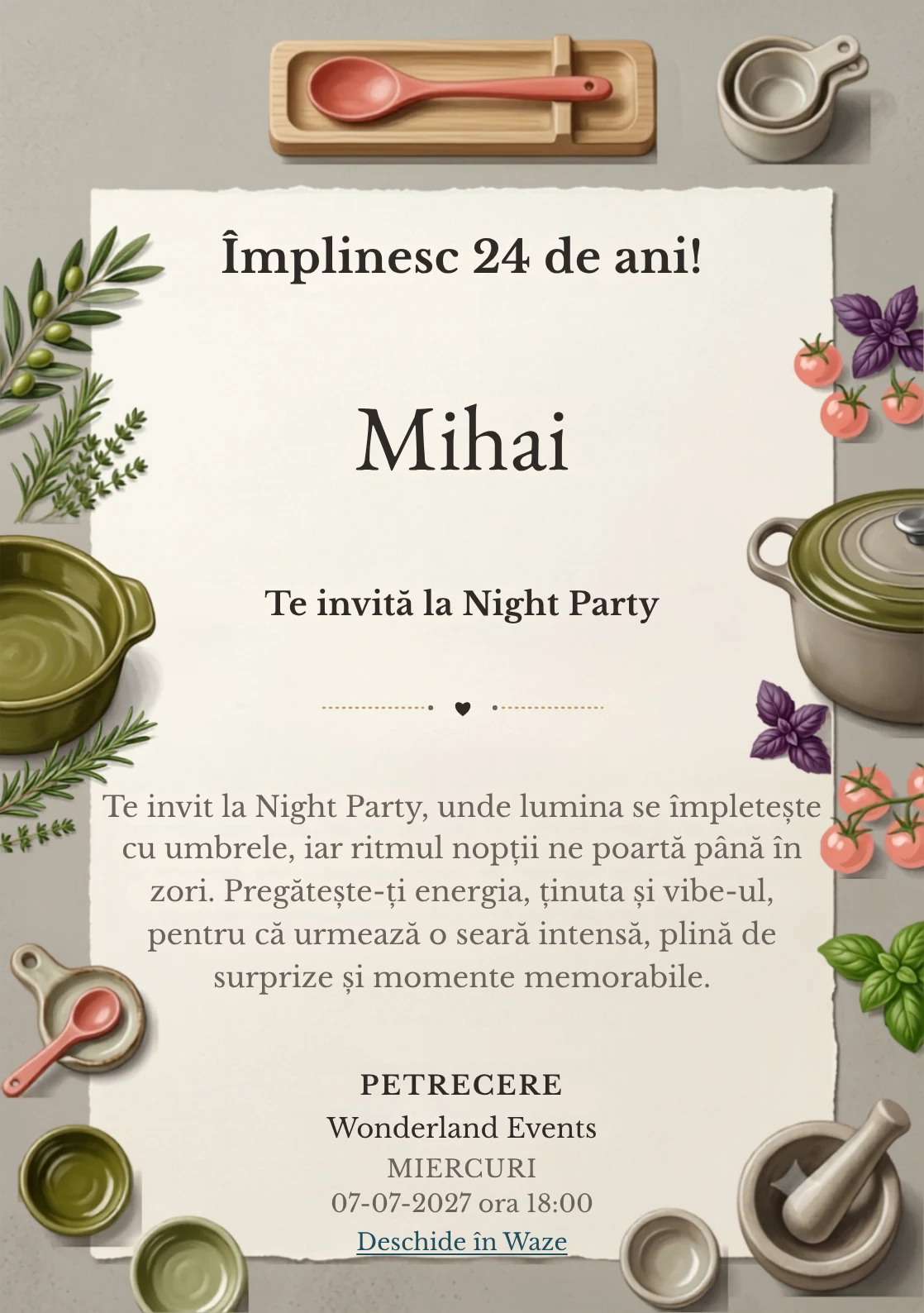 Seara de Gătit este un model de invitații online pentru o aniversare adultă, definit vizual de un vas ceramic și ierburi aromatice.