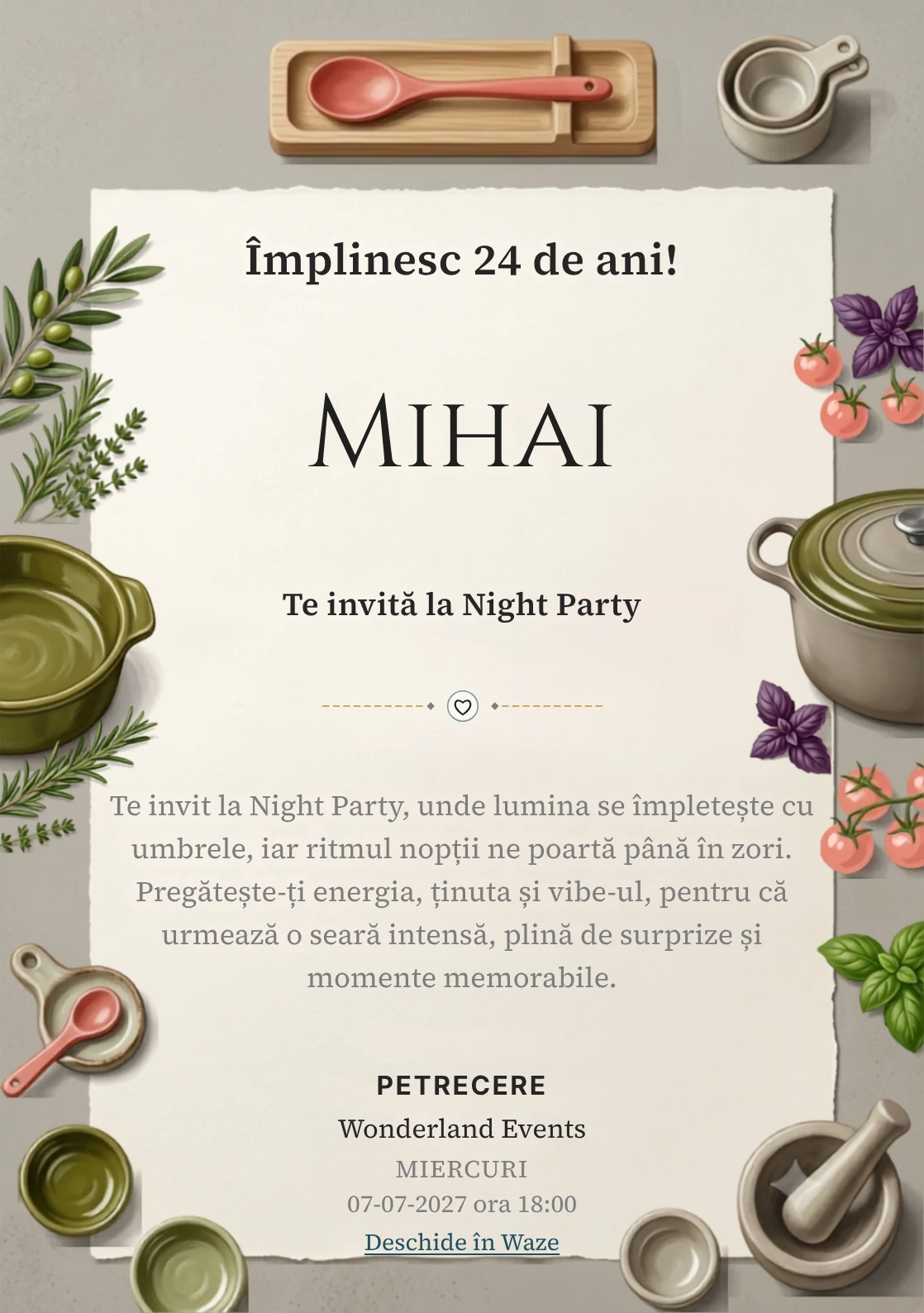 Seara de Gătit este un model de invitații online pentru o aniversare adultă, definit vizual de un vas ceramic și ierburi aromatice.
