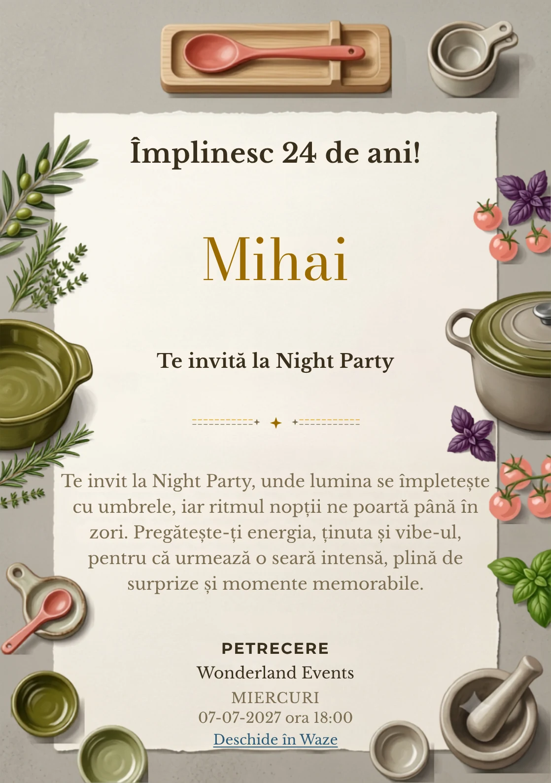 Seara de Gătit este un model de invitații online pentru o aniversare adultă, definit vizual de un vas ceramic și ierburi aromatice.