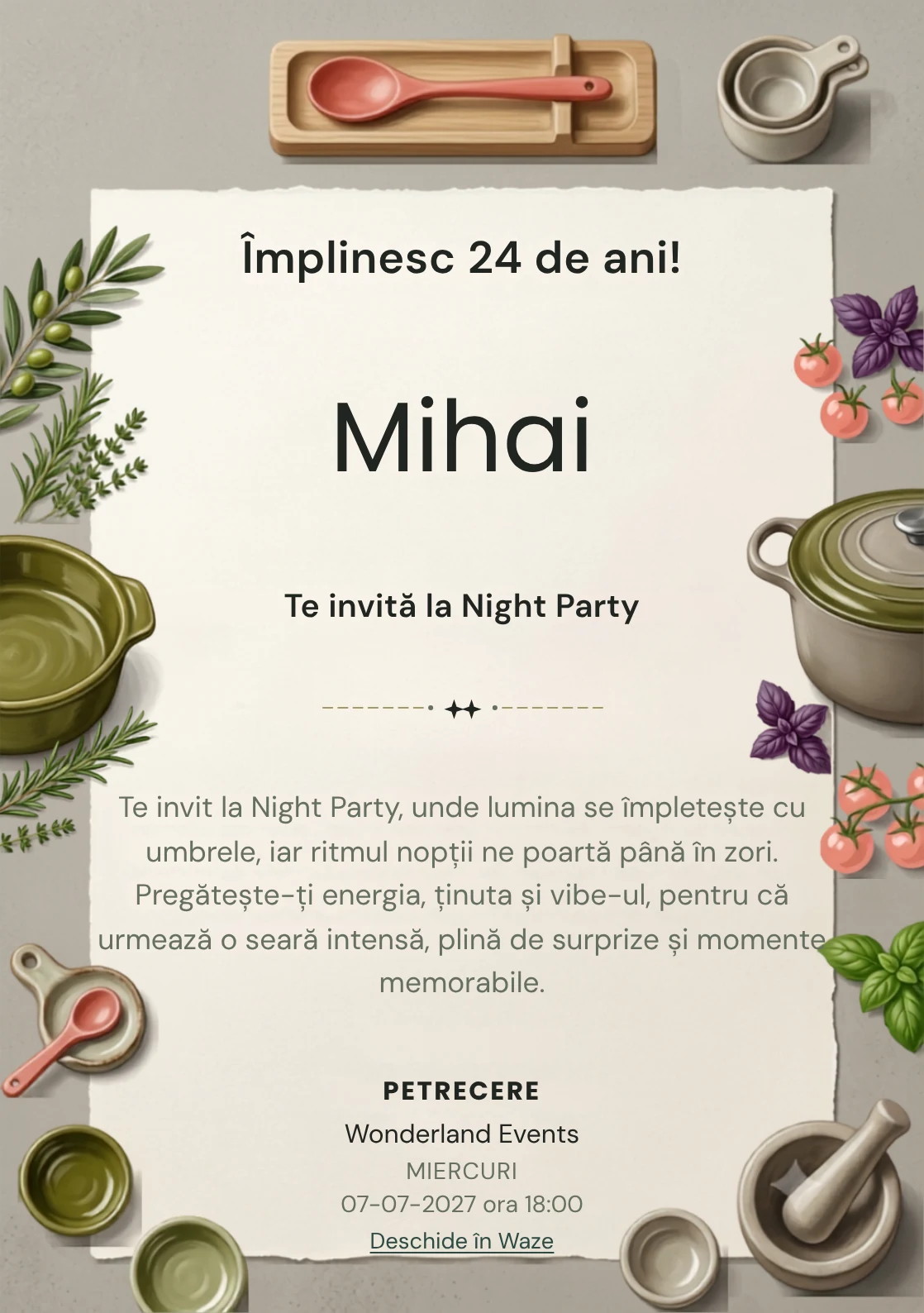 Seara de Gătit este un model de invitații online pentru o aniversare adultă, definit vizual de un vas ceramic și ierburi aromatice.