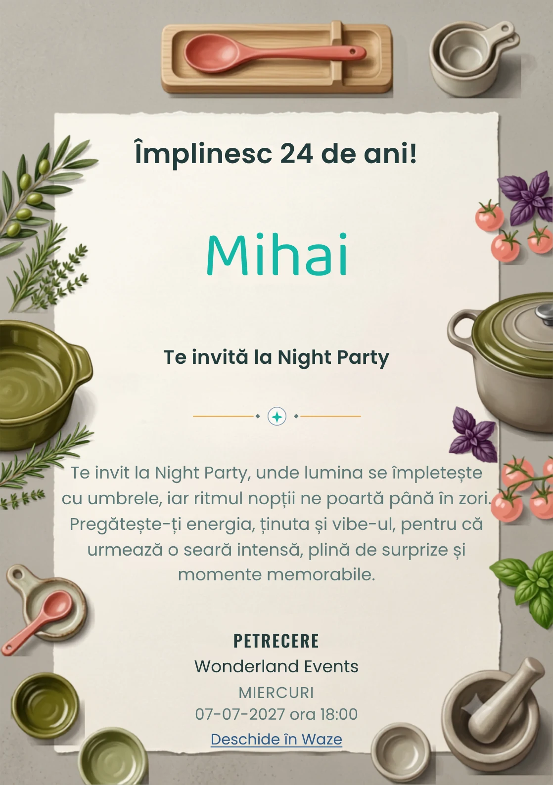 Seara de Gătit este un model de invitații online pentru o aniversare adultă, definit vizual de un vas ceramic și ierburi aromatice.