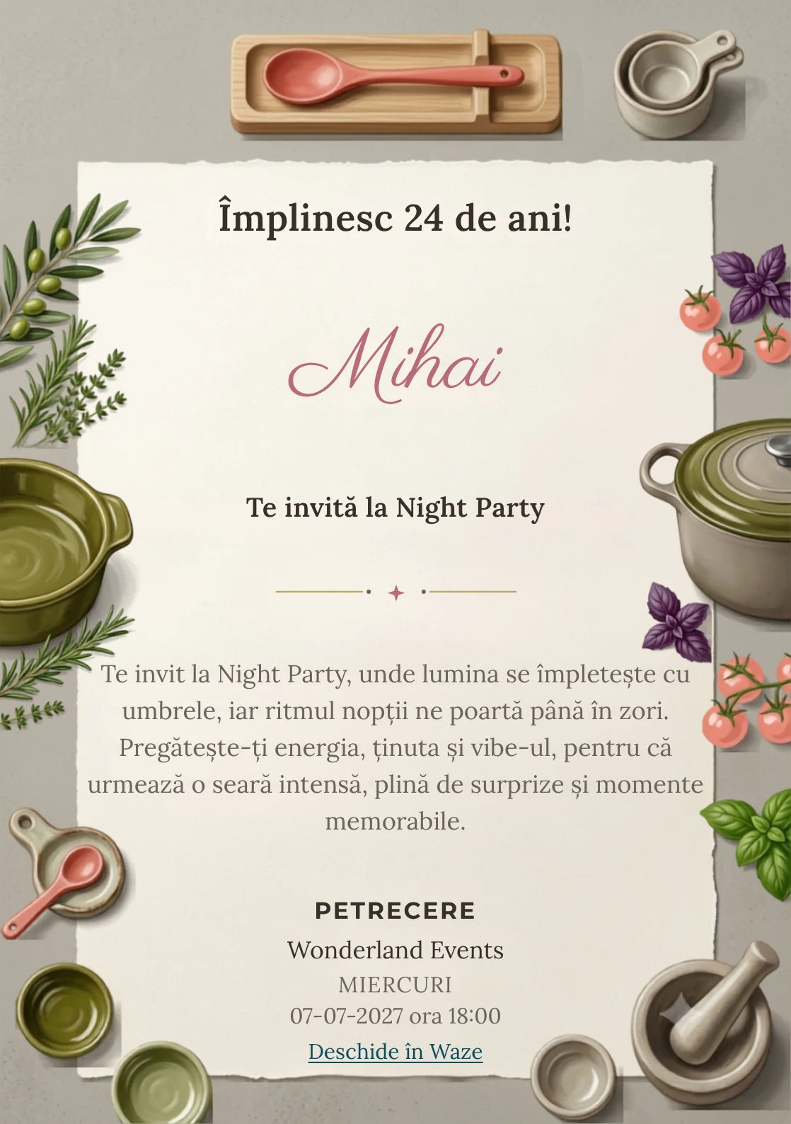 Seara de Gătit este un model de invitații online pentru o aniversare adultă, definit vizual de un vas ceramic și ierburi aromatice.
