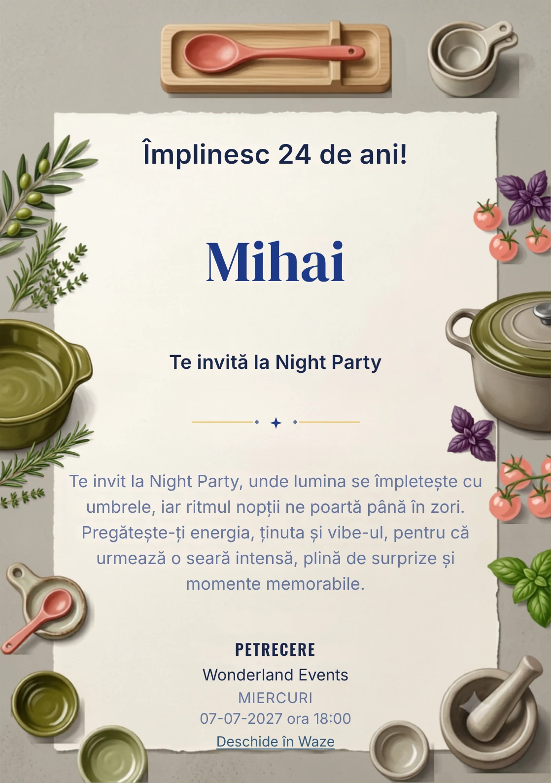 Seara de Gătit este un model de invitații online pentru o aniversare adultă, definit vizual de un vas ceramic și ierburi aromatice.