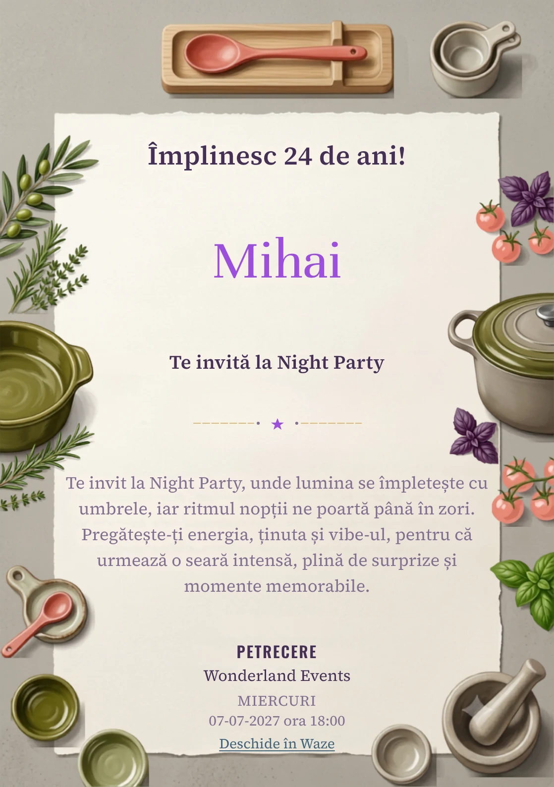 Seara de Gătit este un model de invitații online pentru o aniversare adultă, definit vizual de un vas ceramic și ierburi aromatice.