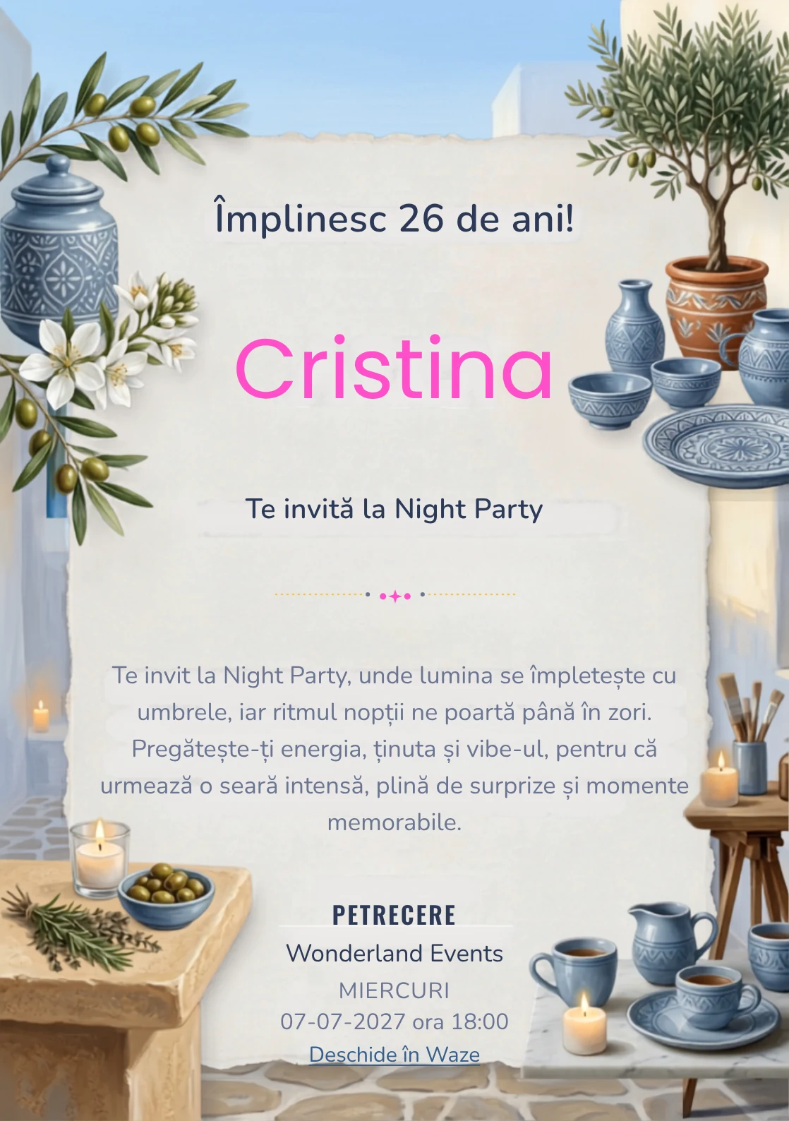 Seară Mediteraneană este un model de invitații online de zi de naștere, definit vizual de un măslin și ceramică albastră.