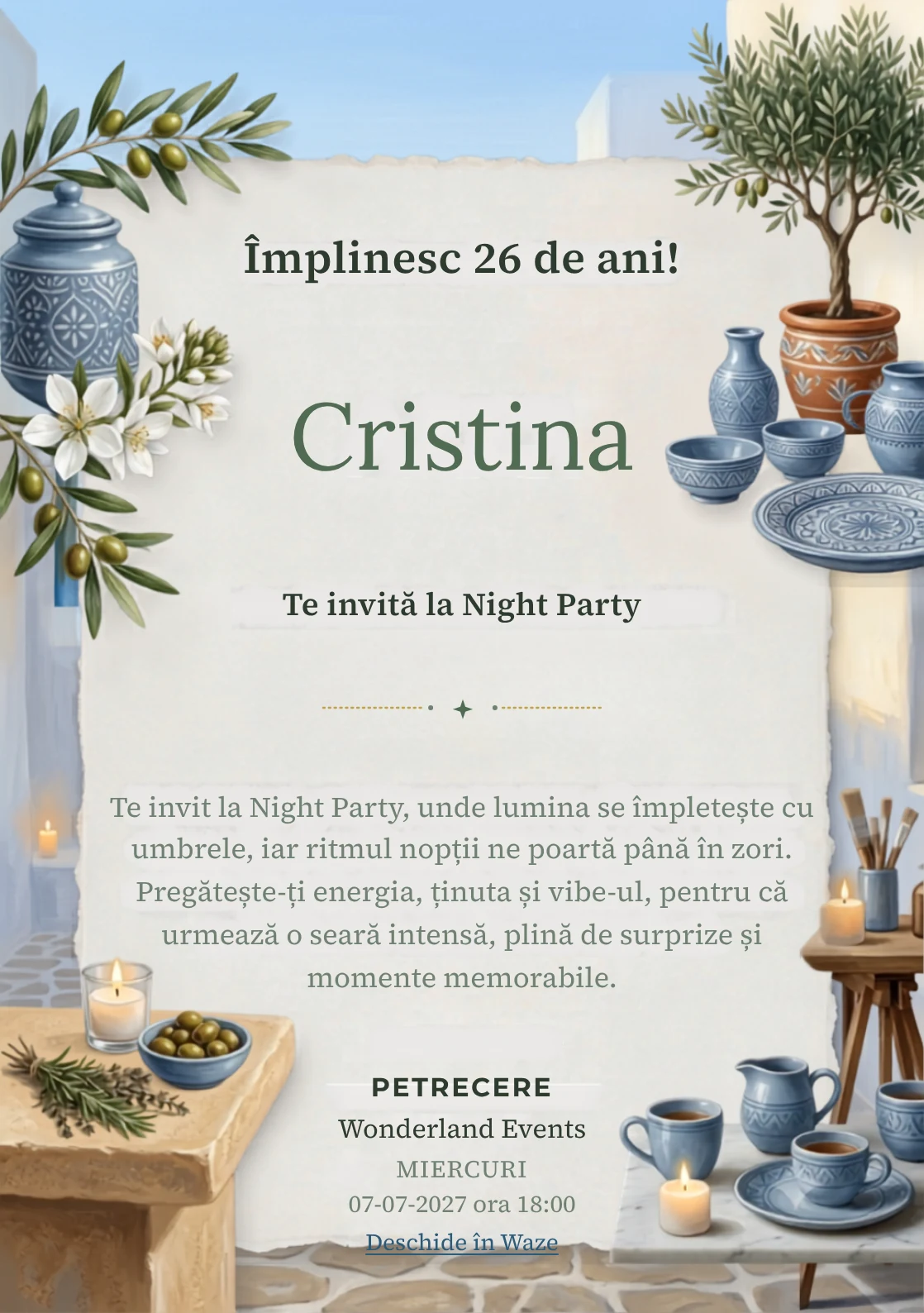 Seară Mediteraneană este un model de invitații online de zi de naștere, definit vizual de un măslin și ceramică albastră.