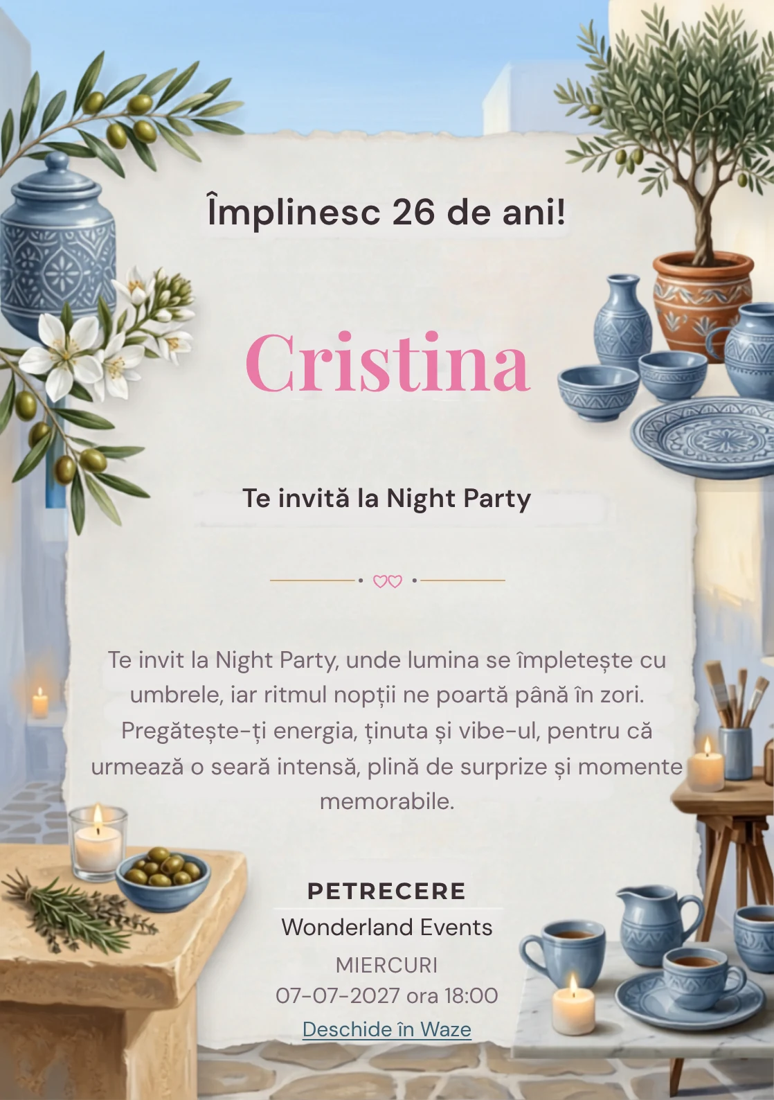 Seară Mediteraneană este un model de invitații online de zi de naștere, definit vizual de un măslin și ceramică albastră.