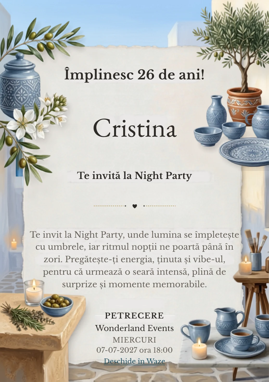 Seară Mediteraneană este un model de invitații online de zi de naștere, definit vizual de un măslin și ceramică albastră.