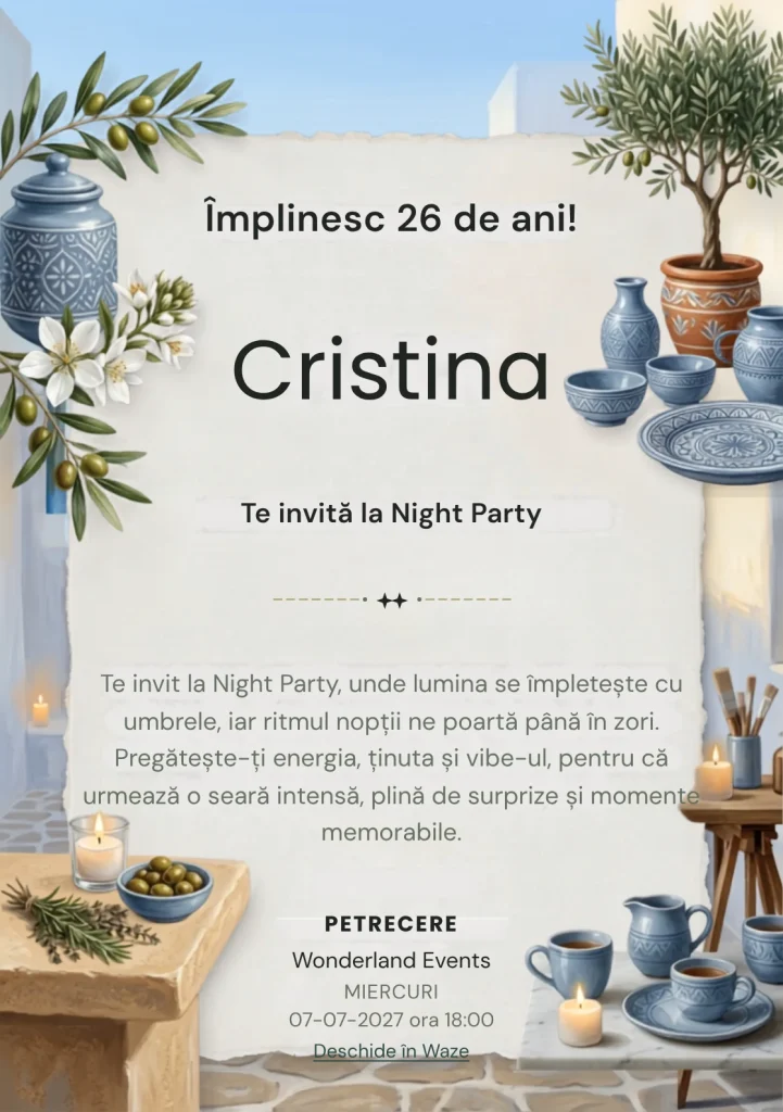 Seară Mediteraneană este un model de invitații online de zi de naștere, definit vizual de un măslin și ceramică albastră.