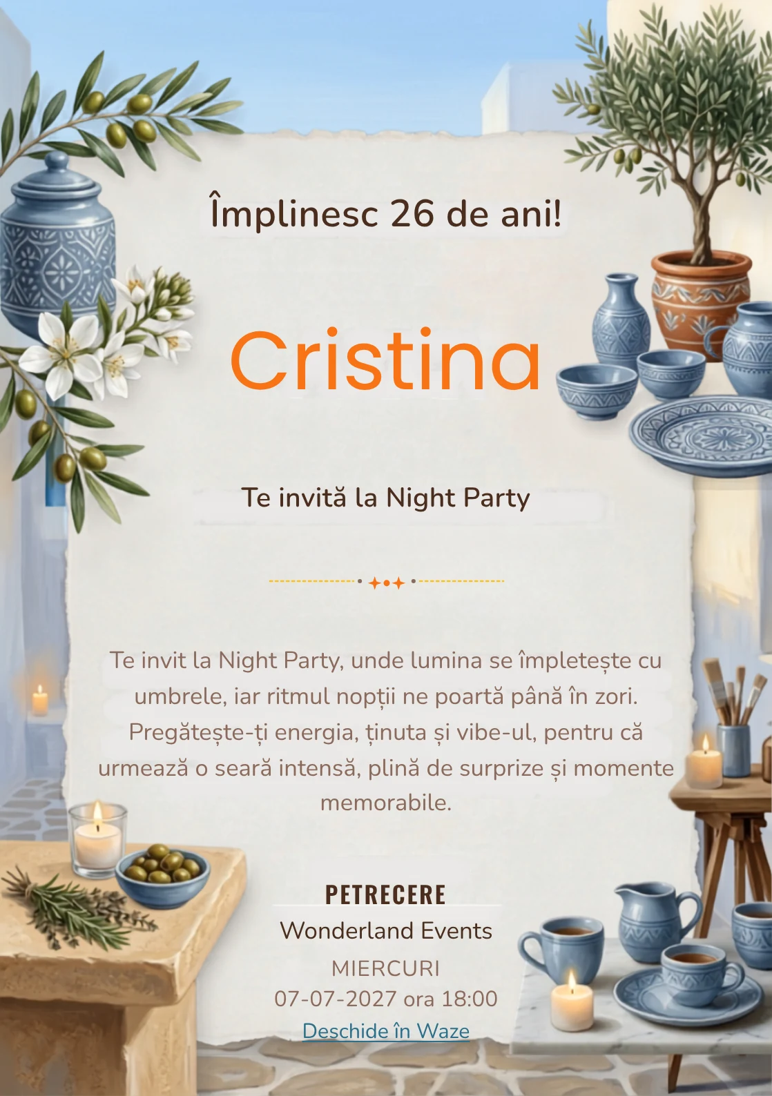 Seară Mediteraneană este un model de invitații online de zi de naștere, definit vizual de un măslin și ceramică albastră.