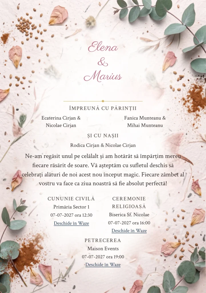 Designul Semințe de Culoare, în colecția de invitații nuntă, combină hârtie cu semințe cu o cromatică de roz praf, alb handmade și maro scorțișoară pal.