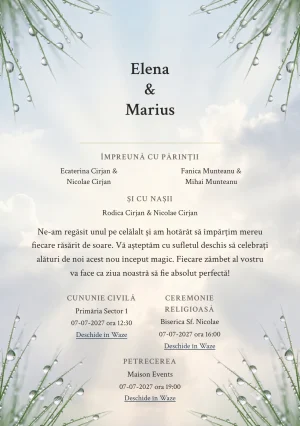 Imaginea Senin după Ploaie, pentru invitații de nuntă, este definită de raze moi printre nori deschiși și tonuri de albastru după ploaie, gri nor deschis și crem lumină.