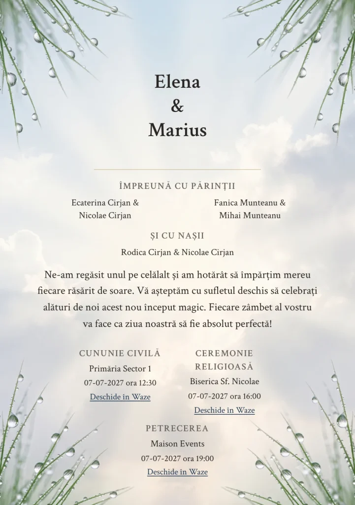 Imaginea Senin după Ploaie, pentru invitații de nuntă, este definită de raze moi printre nori deschiși și tonuri de albastru după ploaie, gri nor deschis și crem lumină.