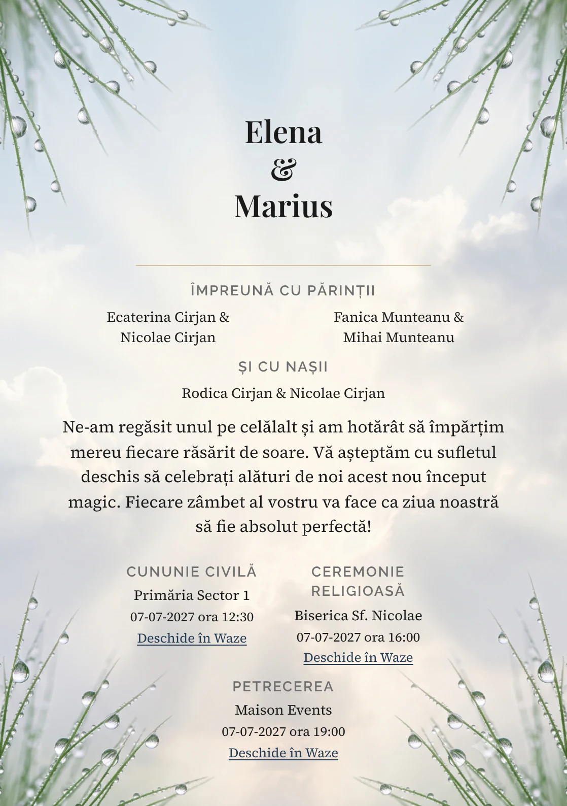 Imaginea Senin după Ploaie, pentru invitații de nuntă, este definită de raze moi printre nori deschiși și tonuri de albastru după ploaie, gri nor deschis și crem lumină.