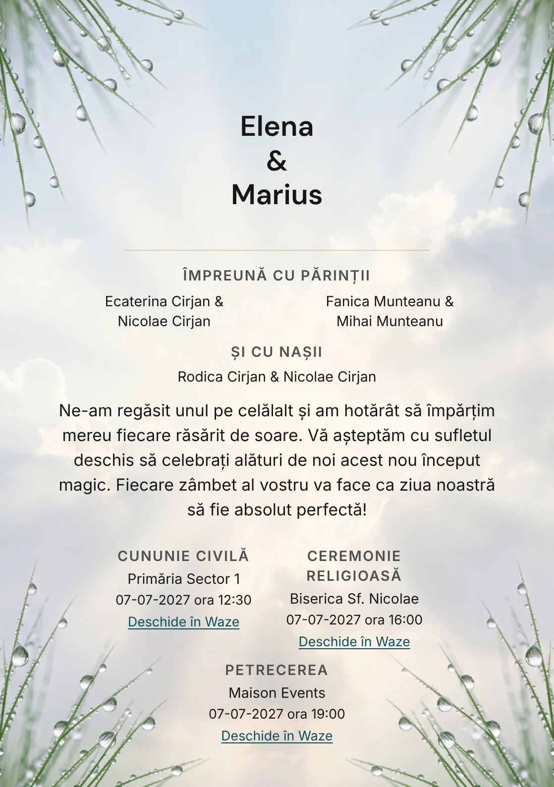 Imaginea Senin după Ploaie, pentru invitații de nuntă, este definită de raze moi printre nori deschiși și tonuri de albastru după ploaie, gri nor deschis și crem lumină.