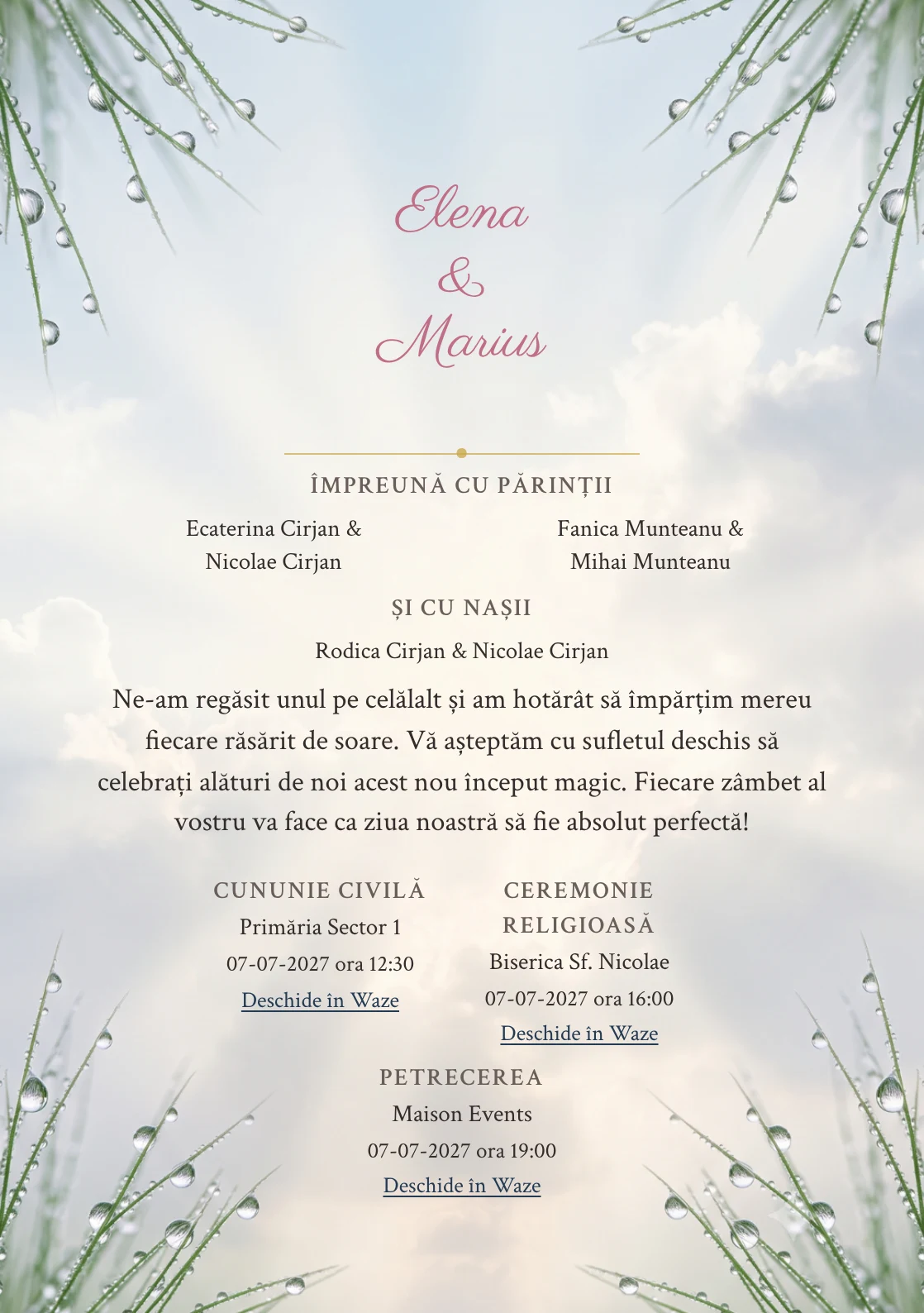 Imaginea Senin după Ploaie, pentru invitații de nuntă, este definită de raze moi printre nori deschiși și tonuri de albastru după ploaie, gri nor deschis și crem lumină.