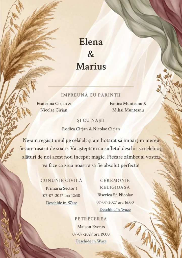 Septembrie în Vânt, pentru o invitație de nuntă, pune accent pe ierburi, alături de tonuri de ocru septembrie, verde măslin cenușiu și alb vânt.