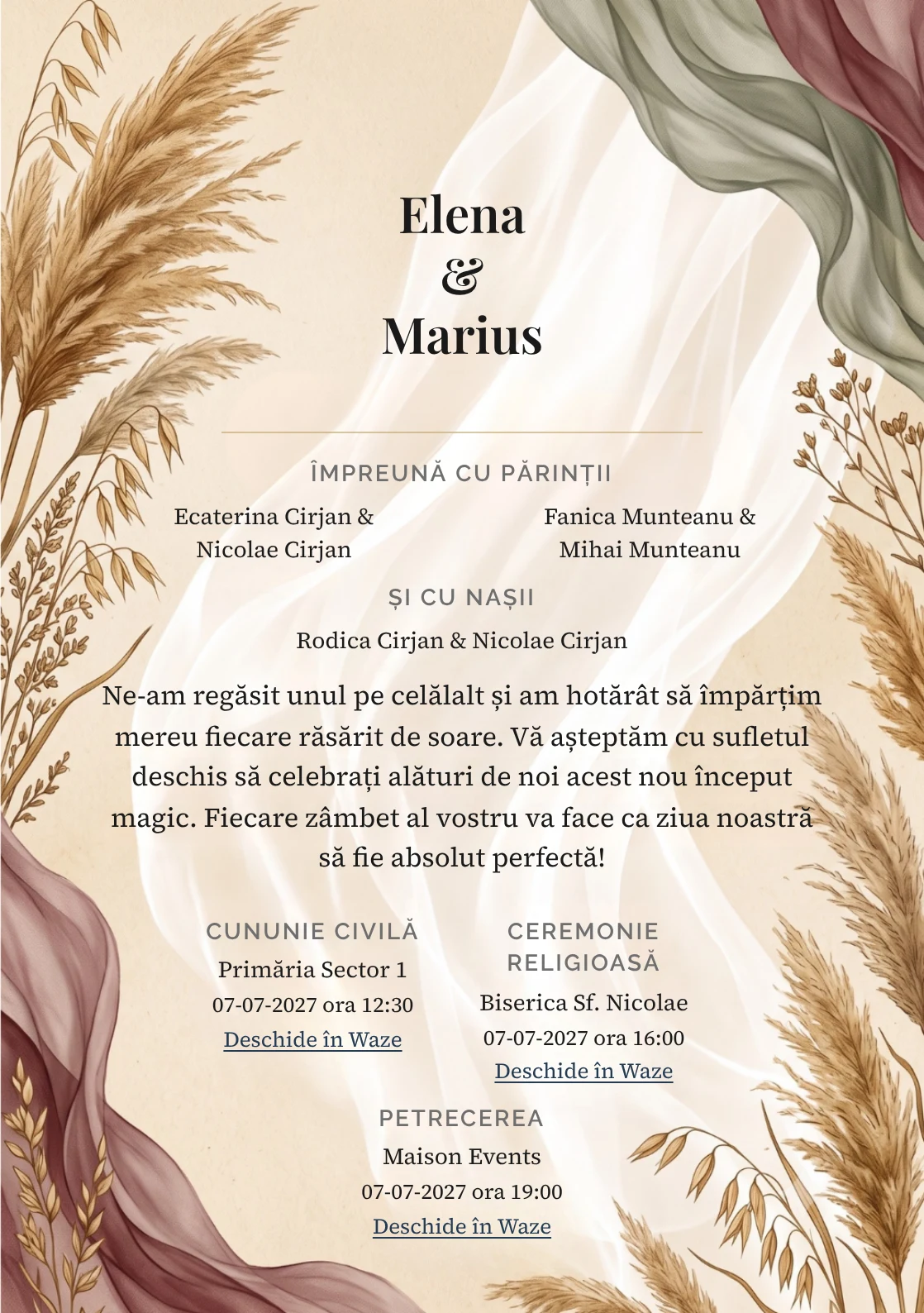 Septembrie în Vânt, pentru o invitație de nuntă, pune accent pe ierburi, alături de tonuri de ocru septembrie, verde măslin cenușiu și alb vânt.