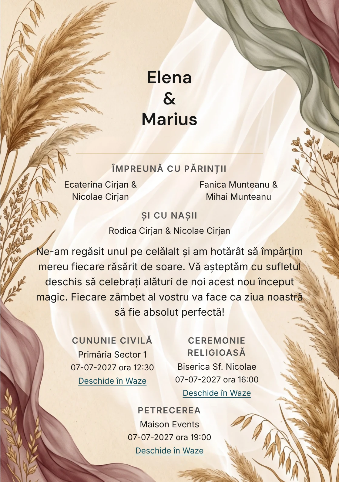 Septembrie în Vânt, pentru o invitație de nuntă, pune accent pe ierburi, alături de tonuri de ocru septembrie, verde măslin cenușiu și alb vânt.