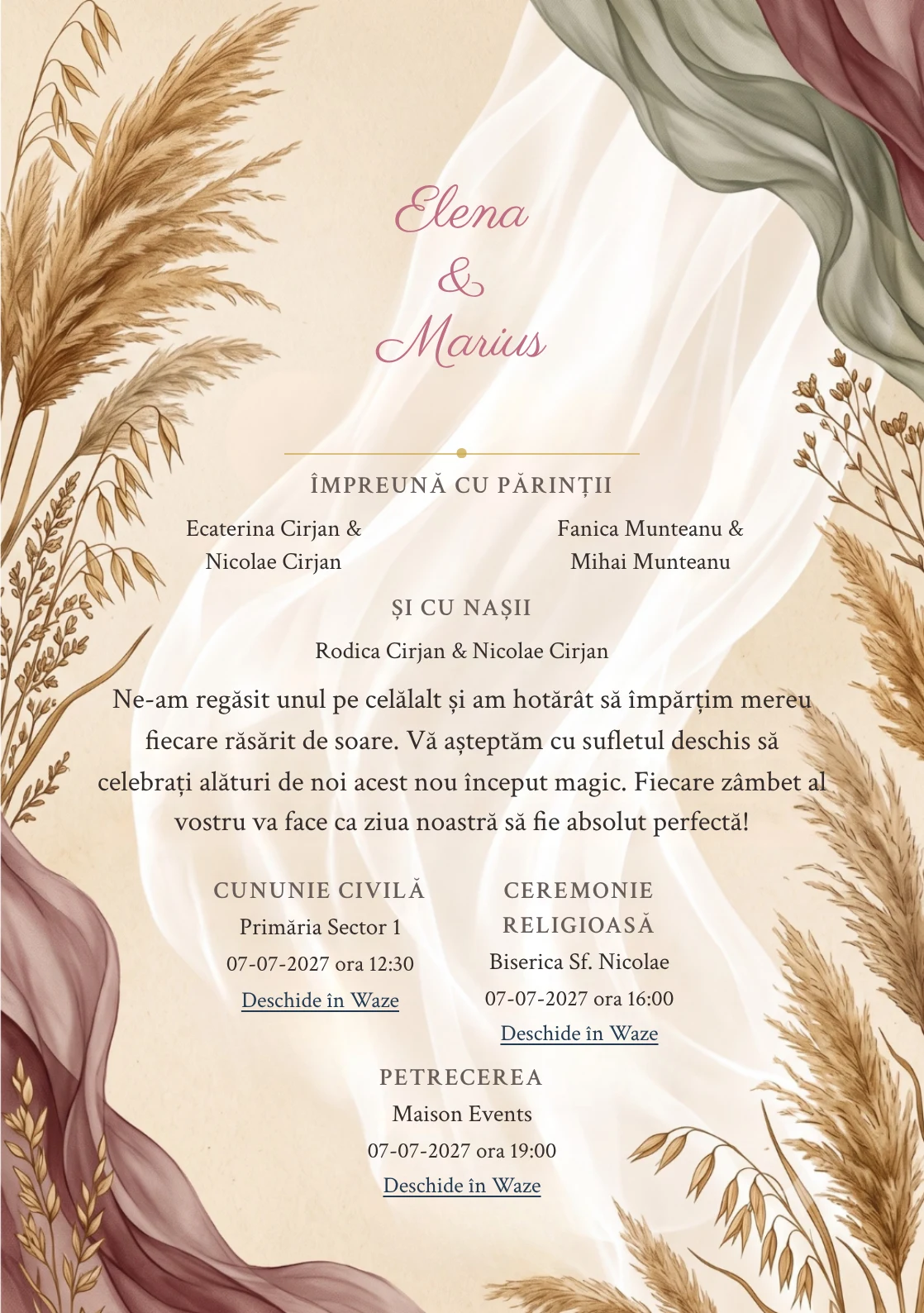 Septembrie în Vânt, pentru o invitație de nuntă, pune accent pe ierburi, alături de tonuri de ocru septembrie, verde măslin cenușiu și alb vânt.