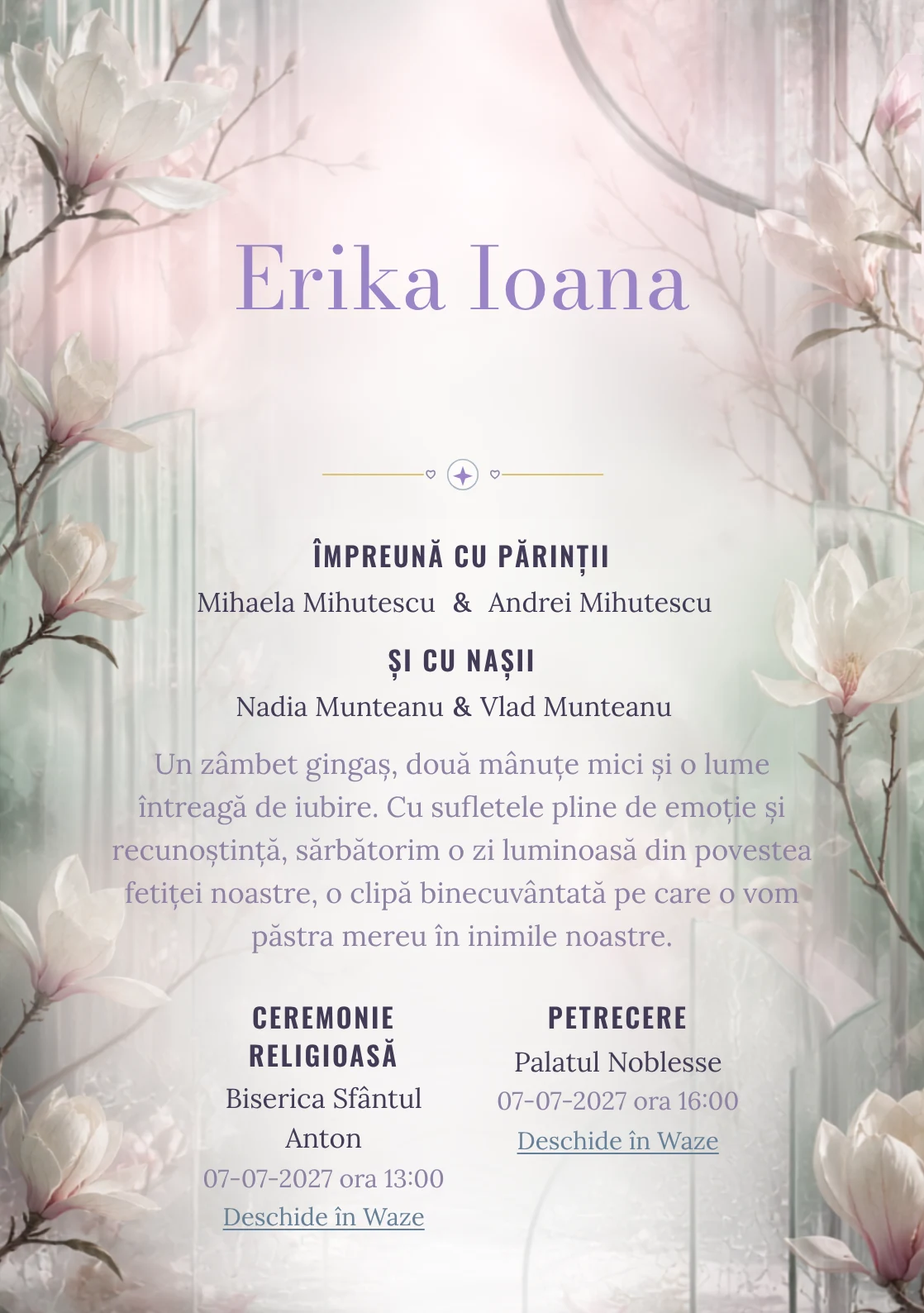 Sera cu Magnolii, din gama de invitații botez fetiță, combină magnolii mari în interiorul unei sere abstracte cu panouri, condens și ramuri rare, într-o imagine coerentă de botez.