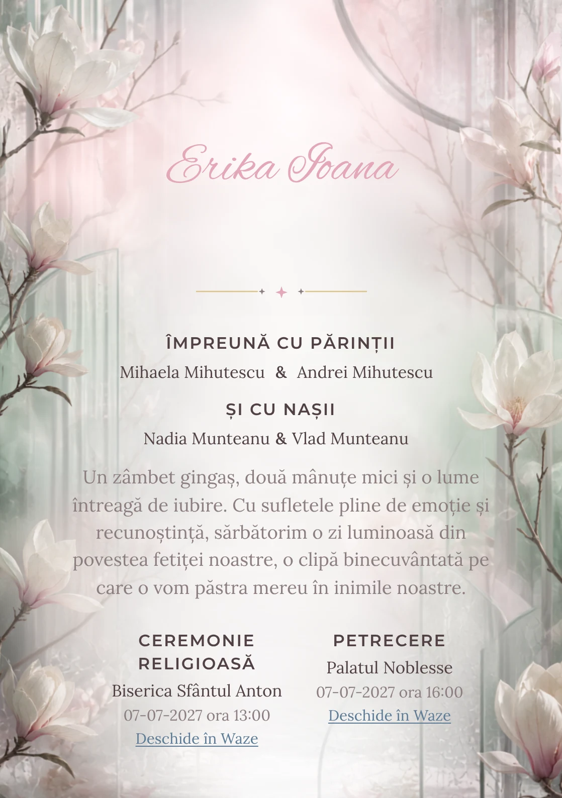 Sera cu Magnolii, din gama de invitații botez fetiță, combină magnolii mari în interiorul unei sere abstracte cu panouri, condens și ramuri rare, într-o imagine coerentă de botez.