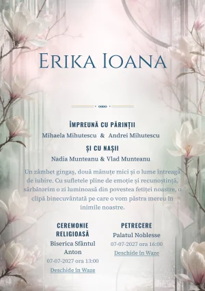 Sera cu Magnolii, din gama de invitații botez fetiță, combină magnolii mari în interiorul unei sere abstracte cu panouri, condens și ramuri rare, într-o imagine coerentă de botez.