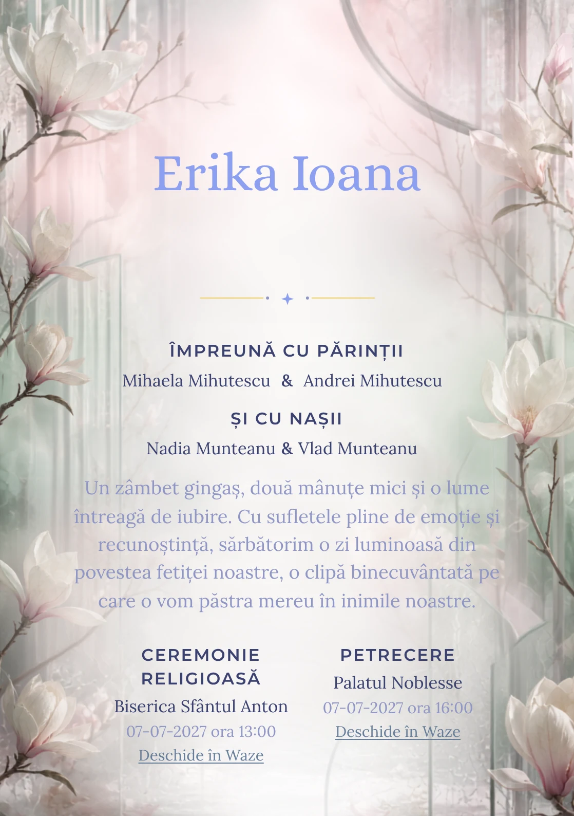 Sera cu Magnolii, din gama de invitații botez fetiță, combină magnolii mari în interiorul unei sere abstracte cu panouri, condens și ramuri rare, într-o imagine coerentă de botez.