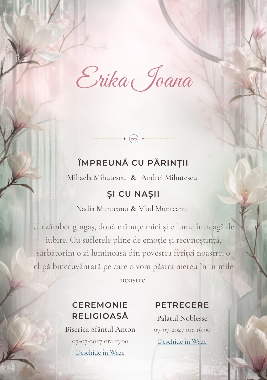 Sera cu Magnolii, din gama de invitații botez fetiță, combină magnolii mari în interiorul unei sere abstracte cu panouri, condens și ramuri rare, într-o imagine coerentă de botez.