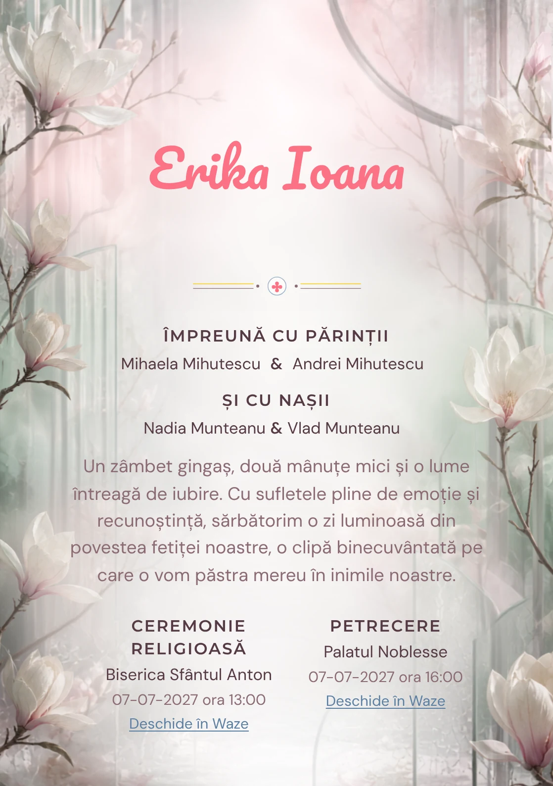 Sera cu Magnolii, din gama de invitații botez fetiță, combină magnolii mari în interiorul unei sere abstracte cu panouri, condens și ramuri rare, într-o imagine coerentă de botez.