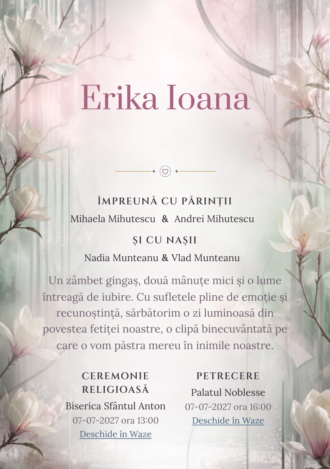 Sera cu Magnolii, din gama de invitații botez fetiță, combină magnolii mari în interiorul unei sere abstracte cu panouri, condens și ramuri rare, într-o imagine coerentă de botez.